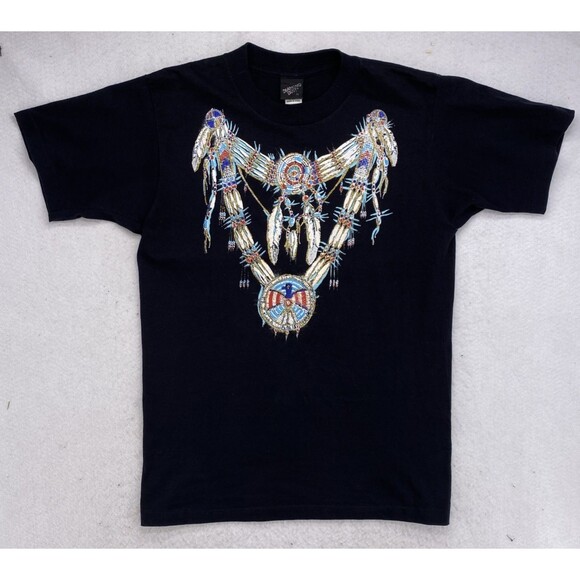 Diamond Dust Men’s Graphic T-Shirt Medium Black Native American Beaded Feather - Picture 1 of 7